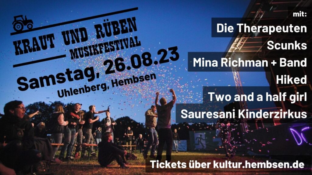 Banner-Grafik für das Kraut und Rüben-Musikfestival am 26.08.2023 in Hembsen am Uhlenberg. 